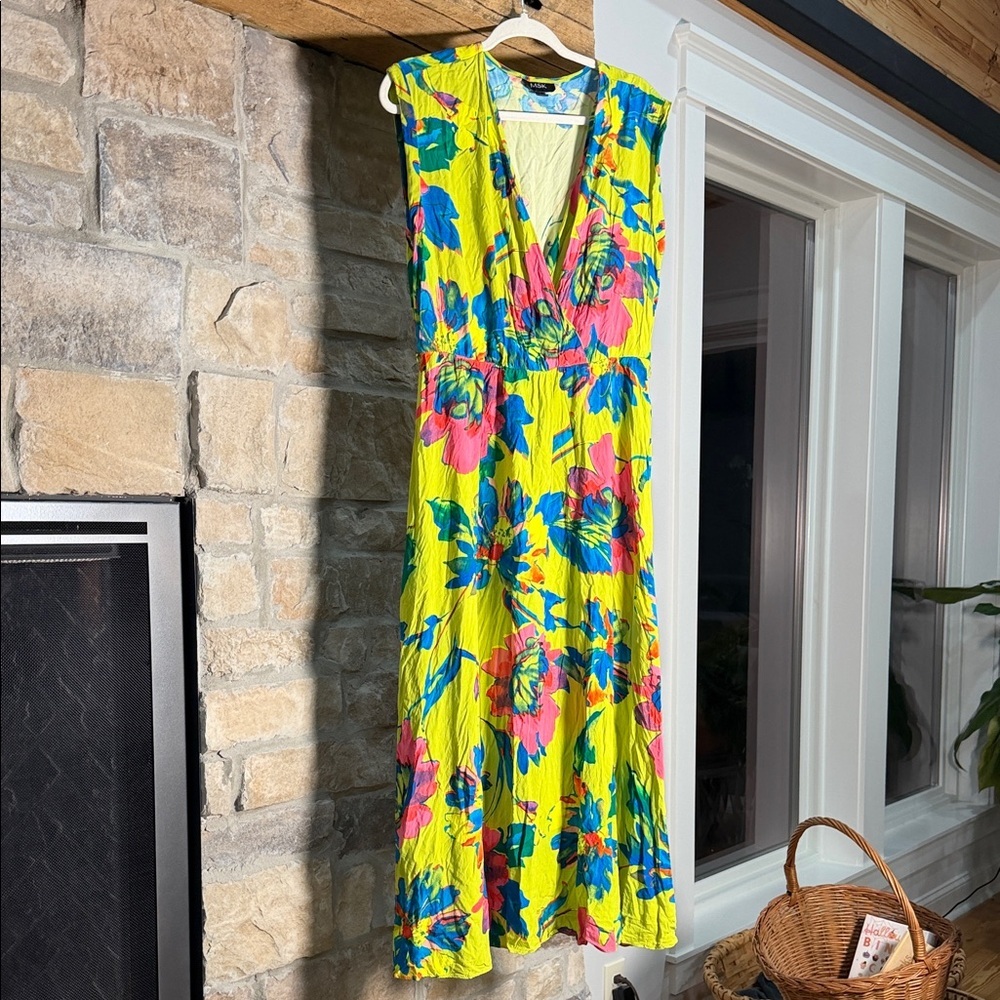 MSK Yellow Maxi Dress with Pink & Blue Floral Pattern